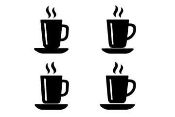 Four black silhouettes of hot steaming coffee cups on saucers for beverage menus