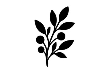Minimalist black silhouette of a botanical branch with leaves and round berries