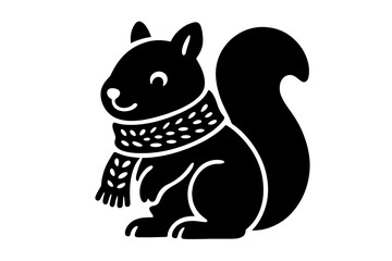 Cute black squirrel wearing a cozy winter scarf isolated on white background