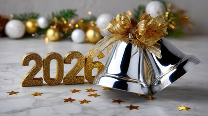 Golden numbers text number 2026 and shiny bells sit on a marble surface with scattered stars. Celebrating happy new year. Festive holiday decoration and winter theme