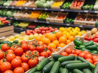 Fresh produce display at supermarket isolated on white background