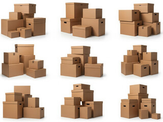 Fototapeta premium Collection of stacked cardboard boxes isolated on white background