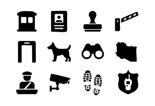 A comprehensive set of black glyph icons representing various aspects of security, border control, surveillance, and official checks &mdash; stock vector.