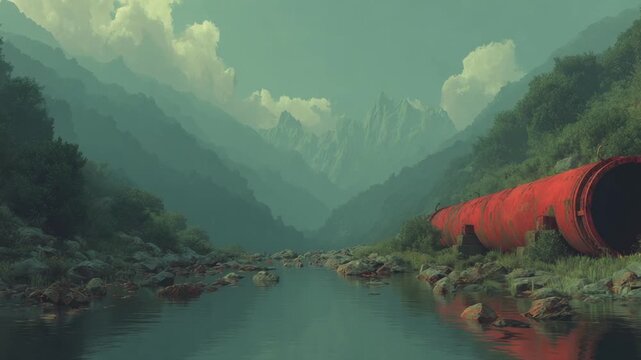 Serene river landscape with mountains and rusty pipe