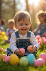 Toddler with smiling face collects colorful eggs on grass during sunny day. Other kids play in background near blooming tulips. Children enjoy spring holiday tradition outdoors.