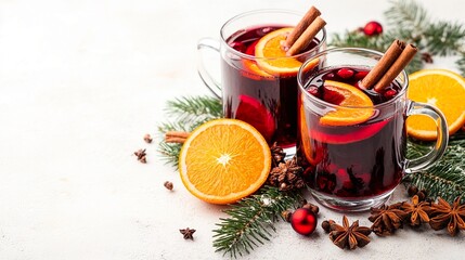 Glass mugs of hot mulled wine with orange slices and cinnamon sticks on a white Christmas background with space for text.