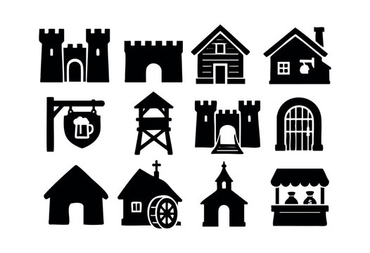 A collection of black silhouette vector icons representing various medieval or fantasy village buildings and structures like castles, houses, a church, and a tavern sign &mdash; stock vector.