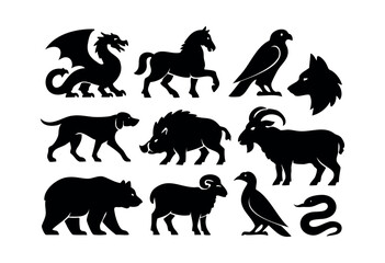 Naklejka premium A varied set of black animal and mythical creature silhouettes, featuring wild animals, domestic pets, birds, reptiles, and a fantasy dragon, isolated on white — stock vector.