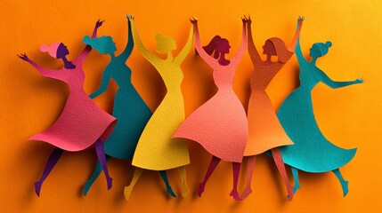 Colorful paper cutout figures of diverse women dancing, arms raised, celebrating on vibrant orange background