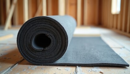 Gray soundproofing felt roll lies on wood subfloor in unfinished building. Acoustic layer for sound reduction is used in home construction projects.