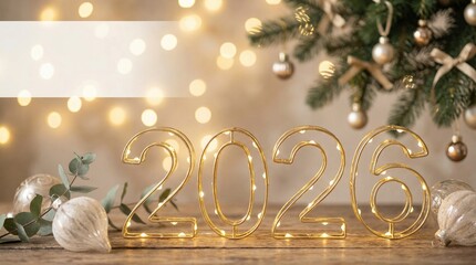 Golden 2026 New Year decoration with Christmas tree and lights