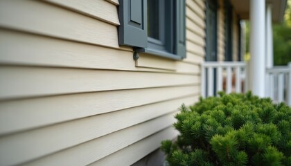 Fototapeta premium Light beige wood grain vinyl siding covers house exterior. Dark window frames and porch railing are visible. Small green bush grows in front.