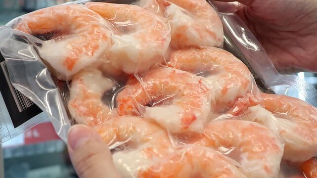 Close up view of female hands holding fresh raw prawns at the grocery store, retail shop or supermarket. Customer choosing organic healthy product, dietary and cheap protein source.