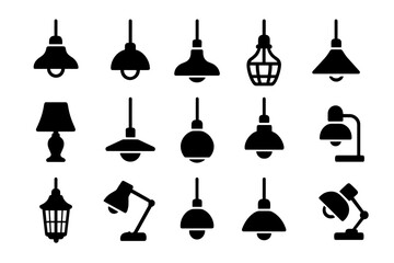 Set of black silhouette icons showing modern and classic lighting fixtures and lamps