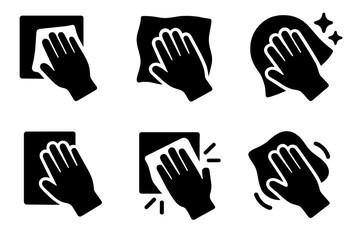 Set of six black symbols depicting hands performing cleaning, wiping, and dusting actions on various surfaces