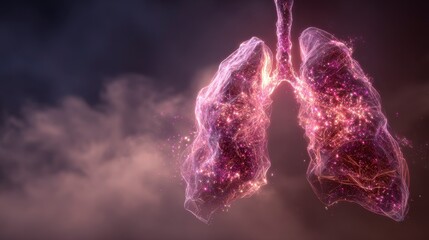 Digitally rendered human lungs, glowing with particles, presented against a dark, smokey backdrop. The illustration depicts the pulmonary system's intricate form