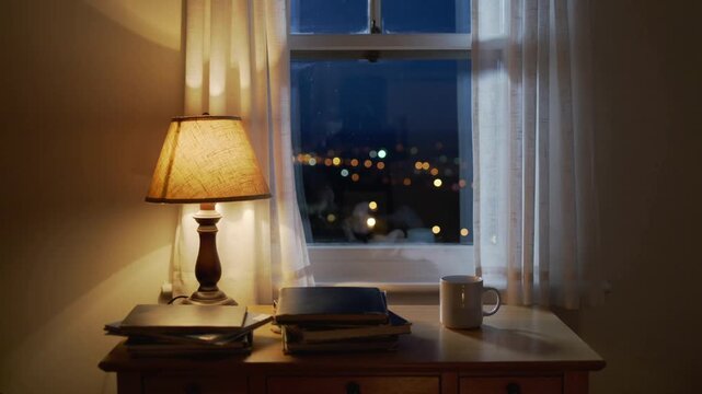 Cozy bedside table with lamp, books, and mug overlooking city lights at night