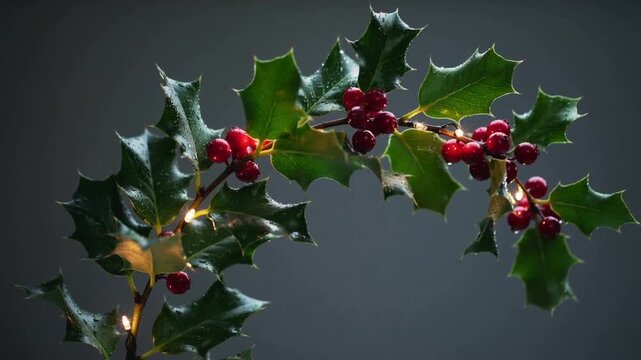 Close-up of a wet holly branch with red berries and subtle fairy lights against a dark background