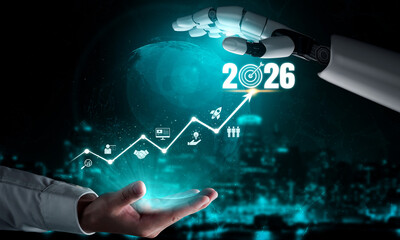 Naklejka premium AI supports 2026 business goal by aligning strategy, growth, and business planning for future-ready success Vouch