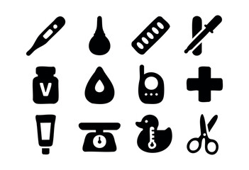 Obraz premium A comprehensive collection of black silhouette icons depicting essential baby care, health, and hygiene items on a white background — stock vector.