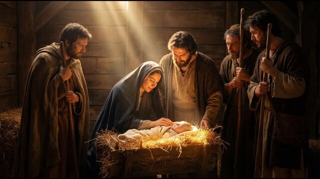 Nativity scene with Mary, Joseph, and shepherds gathered around baby Jesus in a manger