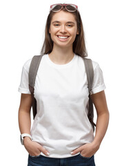 Fototapeta premium Smiling student girl wearing white t-shirt and backpack