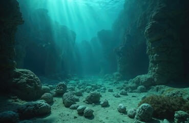 Fototapeta premium Sunlight pierces through ocean depths illuminating rocky seabed with strange formations resembling skulls. Dark underwater canyon walls rise on sides. Aquatic scene feels eerie and ancient.