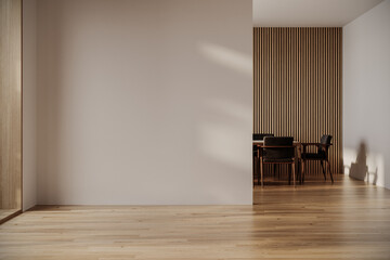 Modern interior design of apartment, dining room with table and chairs, empty living room with white wall. 3d Rendering