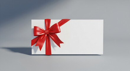 A clean, white gift card with a bright red ribbon bow, ready for personalization and gifting