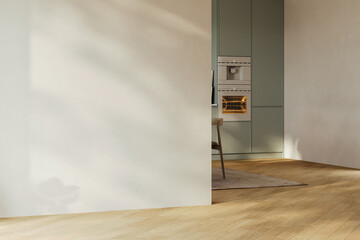 Modern interior design of apartment, kitchen, dining room with table and chairs, empty living room with beige wall, panorama. 3d Rendering