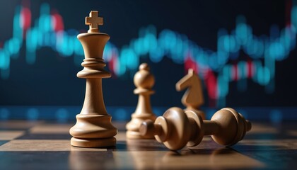 Wooden chess pieces including fallen pawn on board. Blurred financial stock market graph background. Represents business strategy game risk planning.