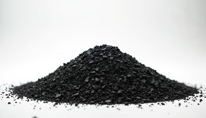 Pile of black recycled tire granules against white background. Granular material used for landscaping, playgrounds, and construction. Sustainable waste product with rough texture.