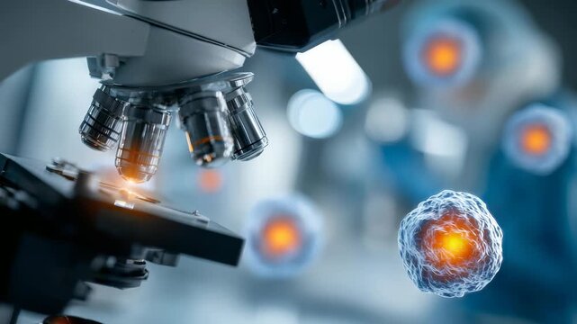 A state of the art microscope focuses on living cells, highlighting breakthroughs in biotechnology and laboratory science. The image captures precision, discovery, and futuristic medical research