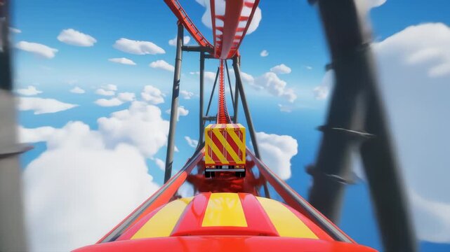Roller Coaster Cart Rises Through Sky on Amusement Park Ride, Pov
