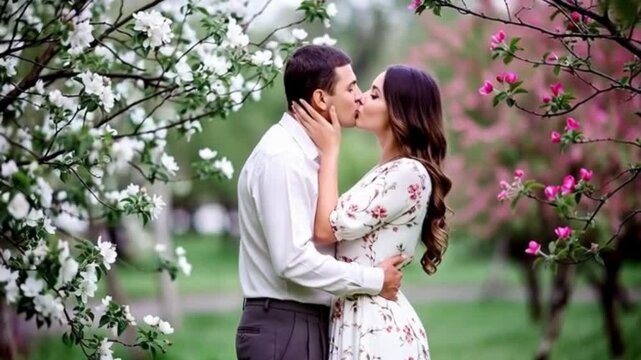 A loving couple share an intimate kiss beneath a canopy of blossoming trees, their embrace symbolizing the start of a beautiful journey of love and commitment, set in a picturesque garden.