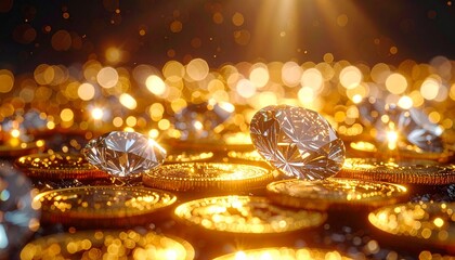Gold coins and diamonds with glowing bokeh