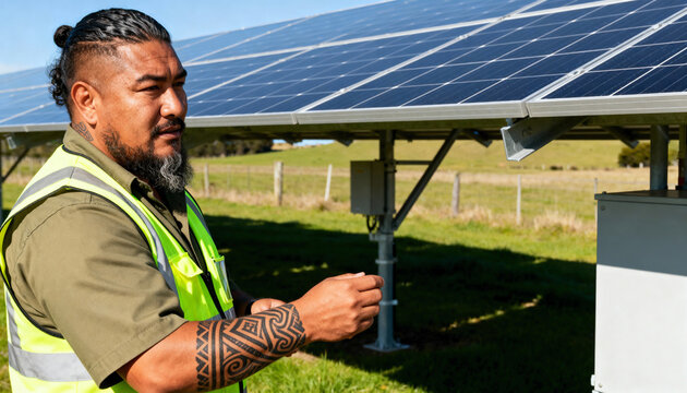 A Maori technician with a ta moko tattoo working on a solar panel installation. Male engineer in a safety vest at a renewable energy farm. Green jobs and sustainable technology