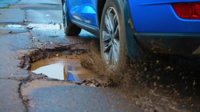 Car driving through deep pothole on damaged wet asphalt road after rain, dangerous street conditions with water splash, broken pavement, infrastructure issues, risk for vehicle suspension or tires