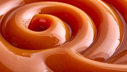 Close-up of rich, glossy caramel sauce swirling in a delicious, smooth texture.