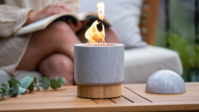 Modern portable tabletop fire with marble and bamboo design on outdoor coffee table, cozy bioethanol mini fire pit for balcony relaxation, small flame burner for ambiance and warmth
