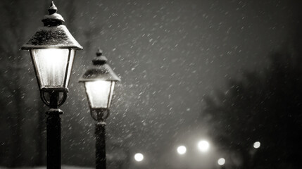 Snow-covered street lamps glowing softly during a winter night snowfall, creating a calm and moody urban atmosphere
