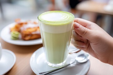 Female hand holds tall glass of vibrant green matcha latte, creamy foam swirls on top, breakfast pastry nearby.