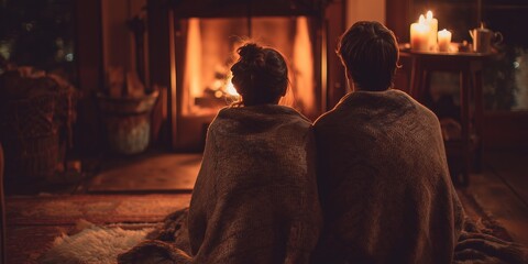 Fototapeta premium Couple sits on the floor wrapped in a blanket, looking at the fireplace with soft candlelight nearby. The quiet intimacy suggests warmth, closeness and Valentine tenderness.