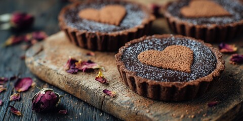 Bittersweet chocolate tarts with cracked tops and cocoa hearts rest on a rustic wooden board. Dried petals scattered around set a moody, romantic Valentine tone.