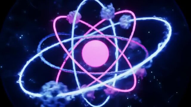 Atom structure in glowing neon and swirling clouds against a dark cosmos