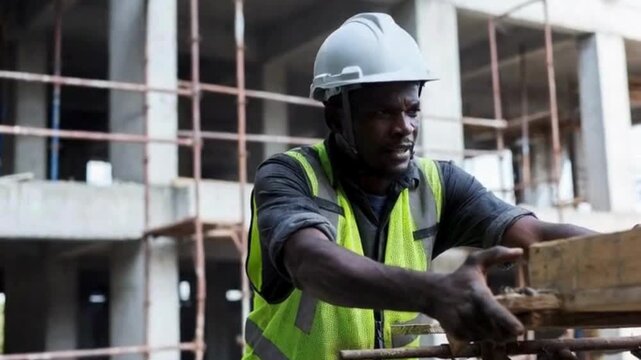 A diligent construction worker, focused on the task at hand within a high-rise infrastructure, showcasing dedicated labor and precision.