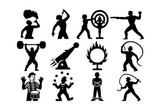 A collection of black silhouettes depicting various classic circus acts and performers like a strongman, juggler, fire breather, and escape artist on a white background &mdash; stock vector.