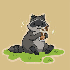 Raccoon drinking a chocolate milkshake, cartoon illustration