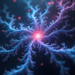 Fototapeta premium Abstract glowing fractal structure with blue and pink hues emanates light and energy. Fine, branching patterns create a complex, organic form against a dark background with bokeh effects.