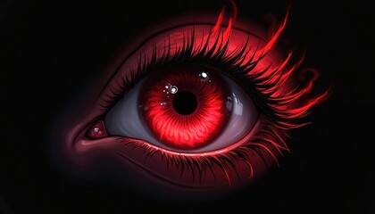 Fototapeta premium Intense red eye stares from darkness with fiery lashes. Vivid iris, black pupil, detailed features. Focus on vision, emotion, and powerful gaze.